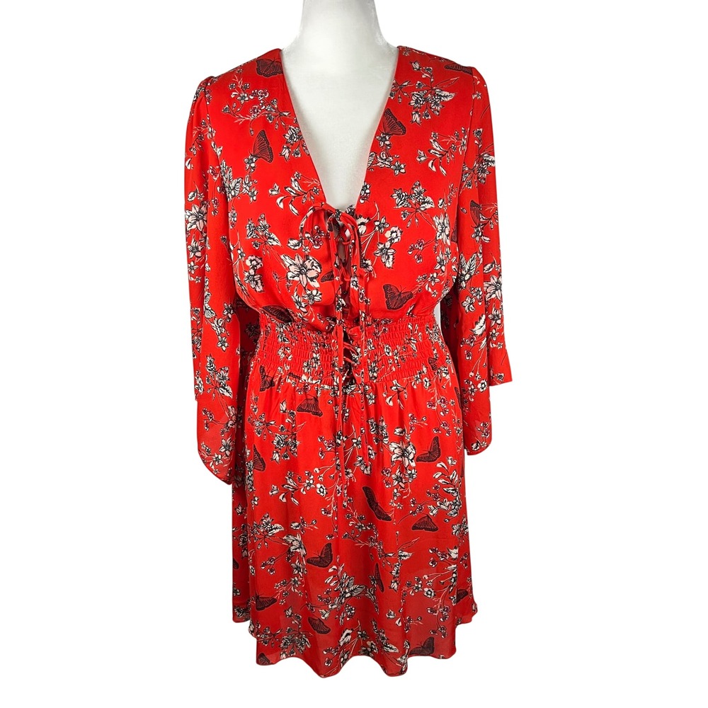 Bailey Blue Red Butterfly Floral Smocked Lace Up V-Neck Bell Sleeve Dress XL